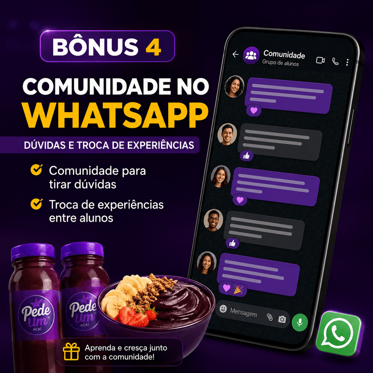 Ilustração do bônus "Comunidade no WhatsApp", incluído no Método Açaí Gourmet na Garrafa Lucrativo