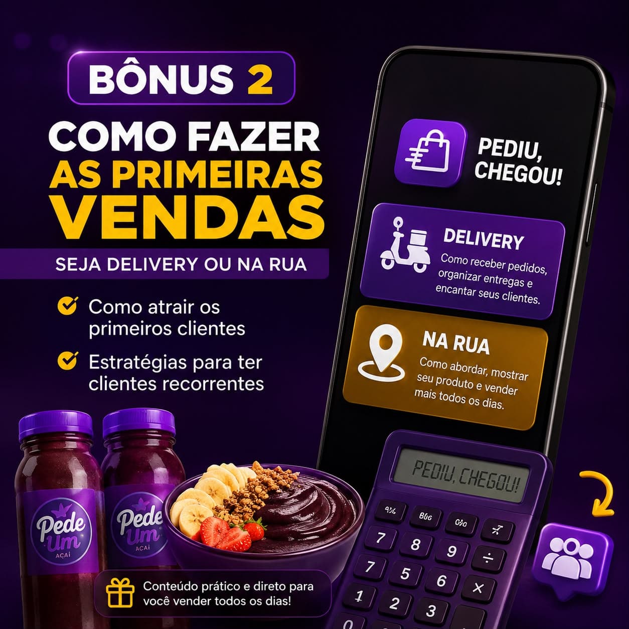 Ilustração do bônus "Como fazer as primeiras vendas", incluído no Método Açaí Gourmet na Garrafa Lucrativo